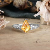 4 Prong Kite Cut 2 Carat Citrine Bridal Ring Nature Inspired Leaf Engagement Ring